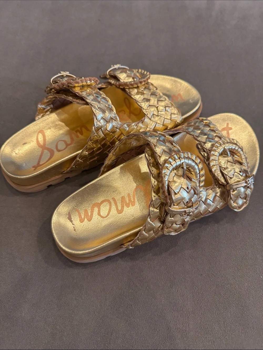 Sam Edelman Women's Woven Double-Buckle Slide Sandals in Metallic Gold